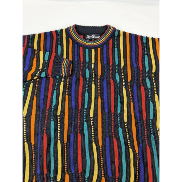 90s Cable Knit Sweater Mens LG Muticolor Cooj Style Grandpacore Alan Stuart Crew - Picture 2 of 10